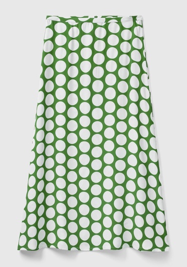  Kadın Yeşil %100 Viskoz Puantiyeli Yandan Fermuarlı Uzun Etek