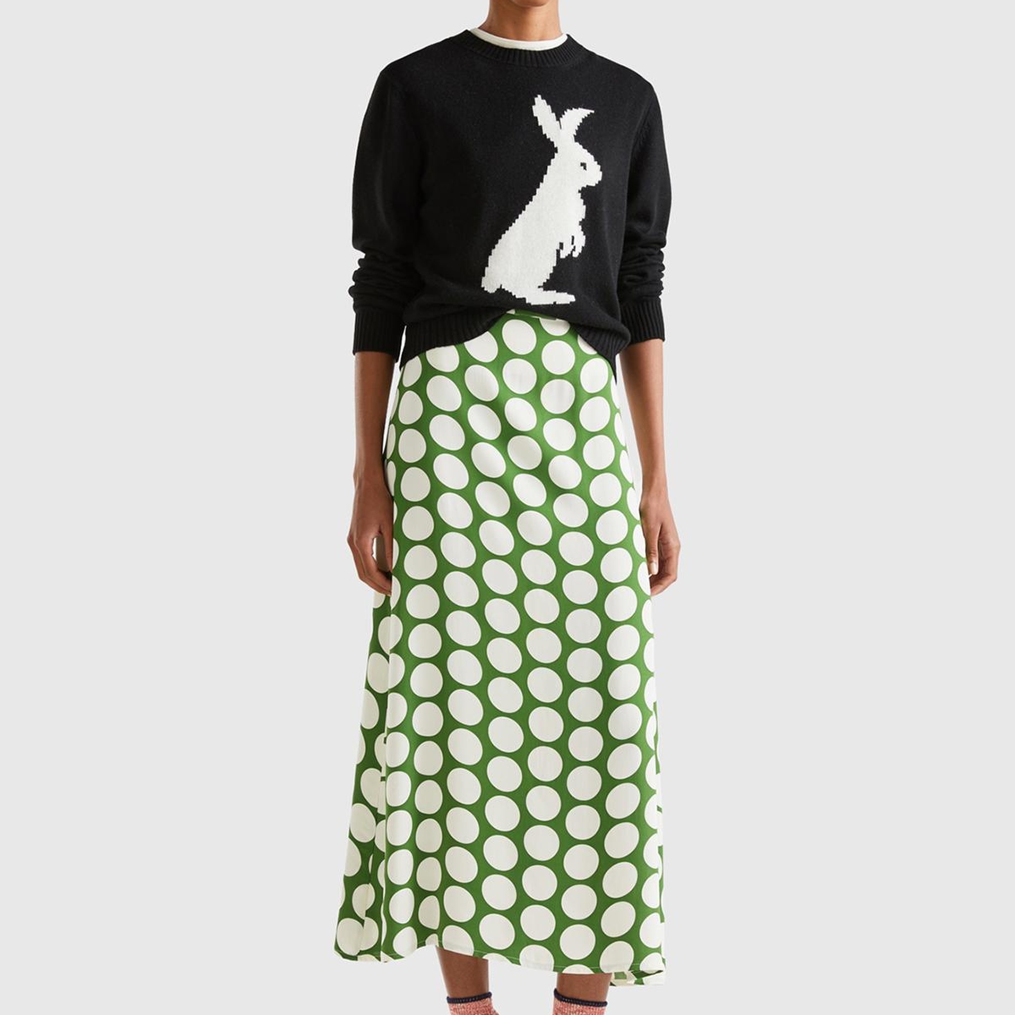 Kadın Yeşil %100 Viskoz Puantiyeli Yandan Fermuarlı Uzun Etek