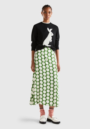  Kadın Yeşil %100 Viskoz Puantiyeli Yandan Fermuarlı Uzun Etek