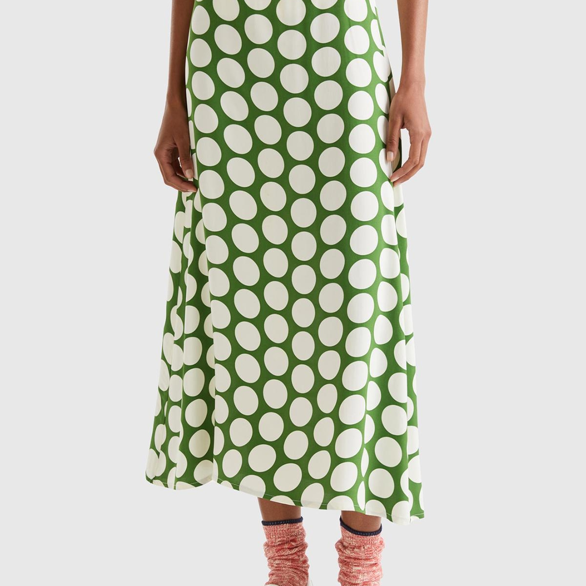 Kadın Yeşil %100 Viskoz Puantiyeli Yandan Fermuarlı Uzun Etek