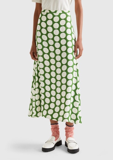  Kadın Yeşil %100 Viskoz Puantiyeli Yandan Fermuarlı Uzun Etek