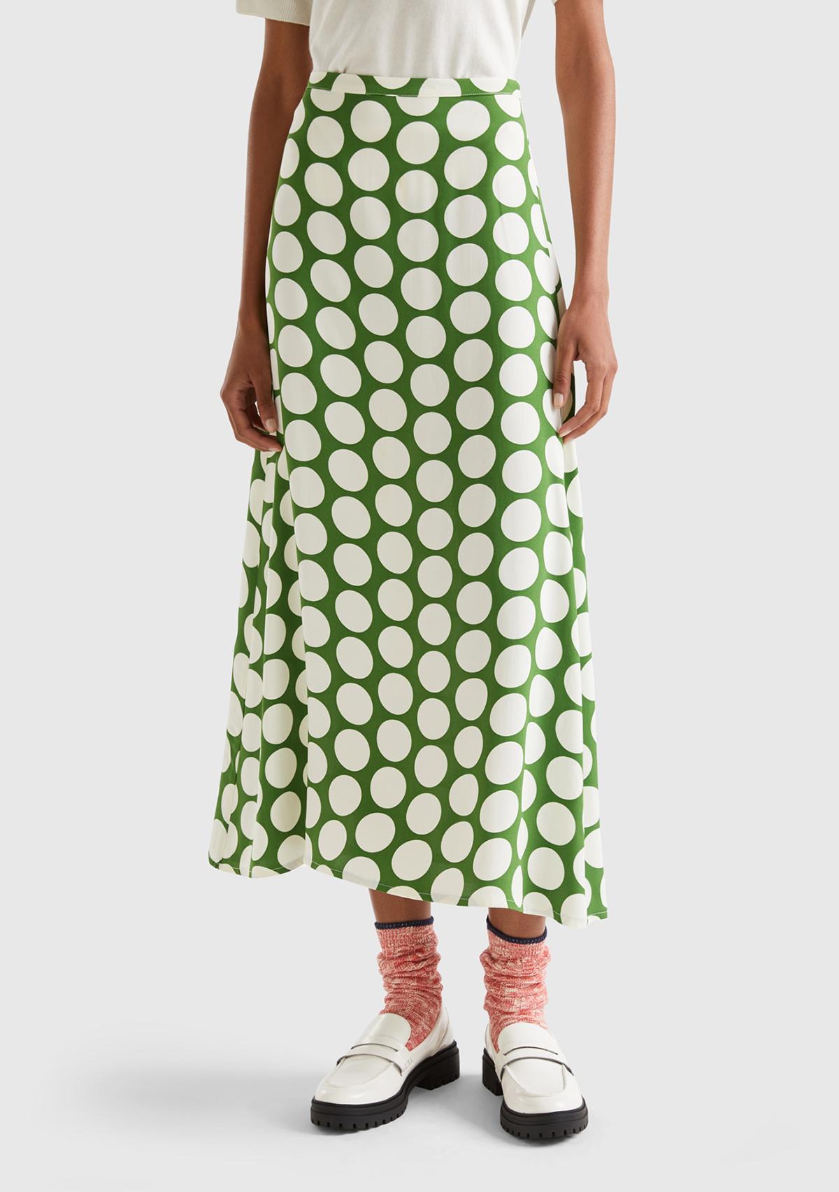  Kadın Yeşil %100 Viskoz Puantiyeli Yandan Fermuarlı Uzun Etek