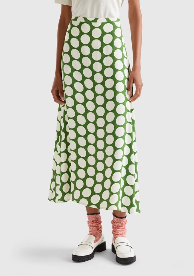  Kadın Yeşil %100 Viskoz Puantiyeli Yandan Fermuarlı Uzun Etek