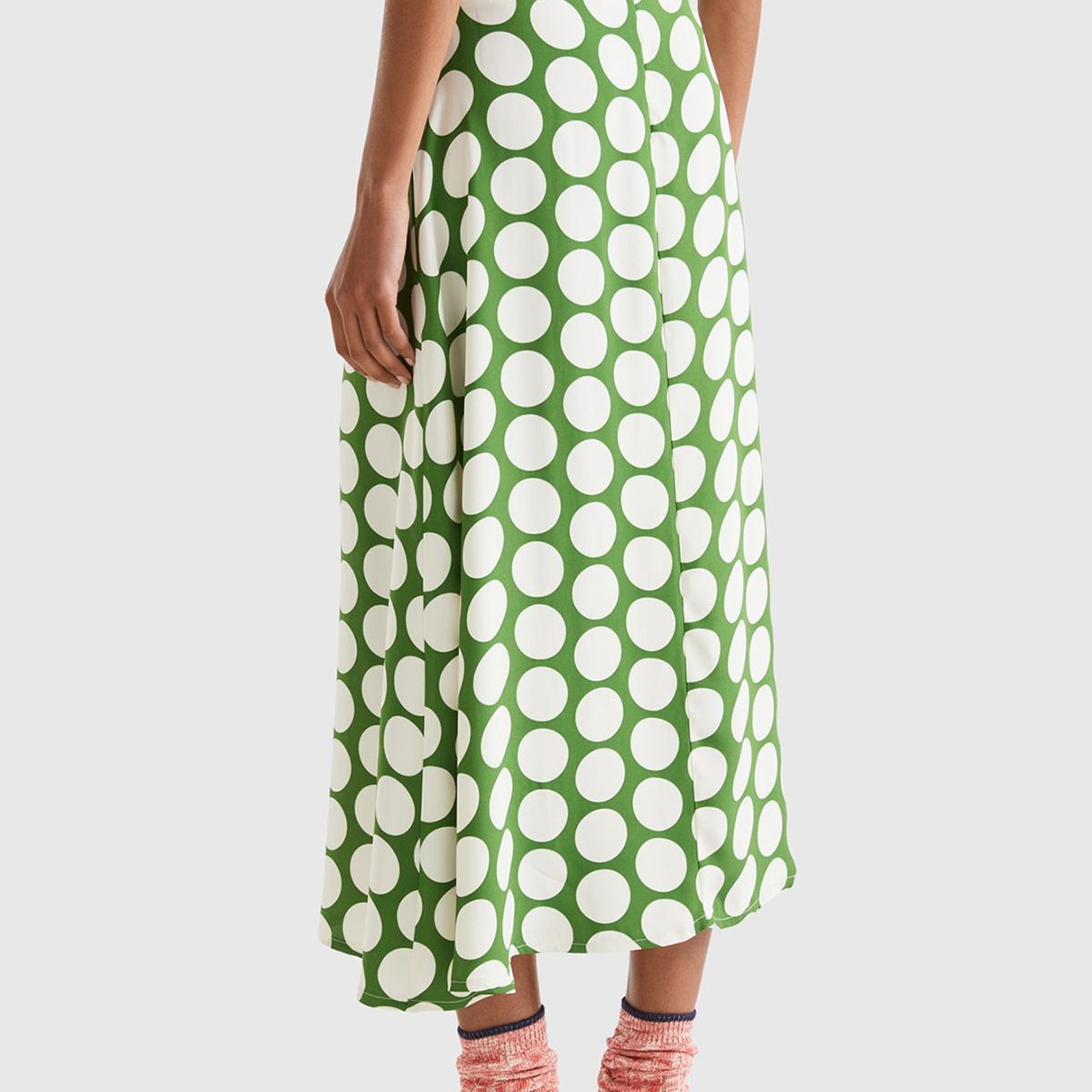 Kadın Yeşil %100 Viskoz Puantiyeli Yandan Fermuarlı Uzun Etek