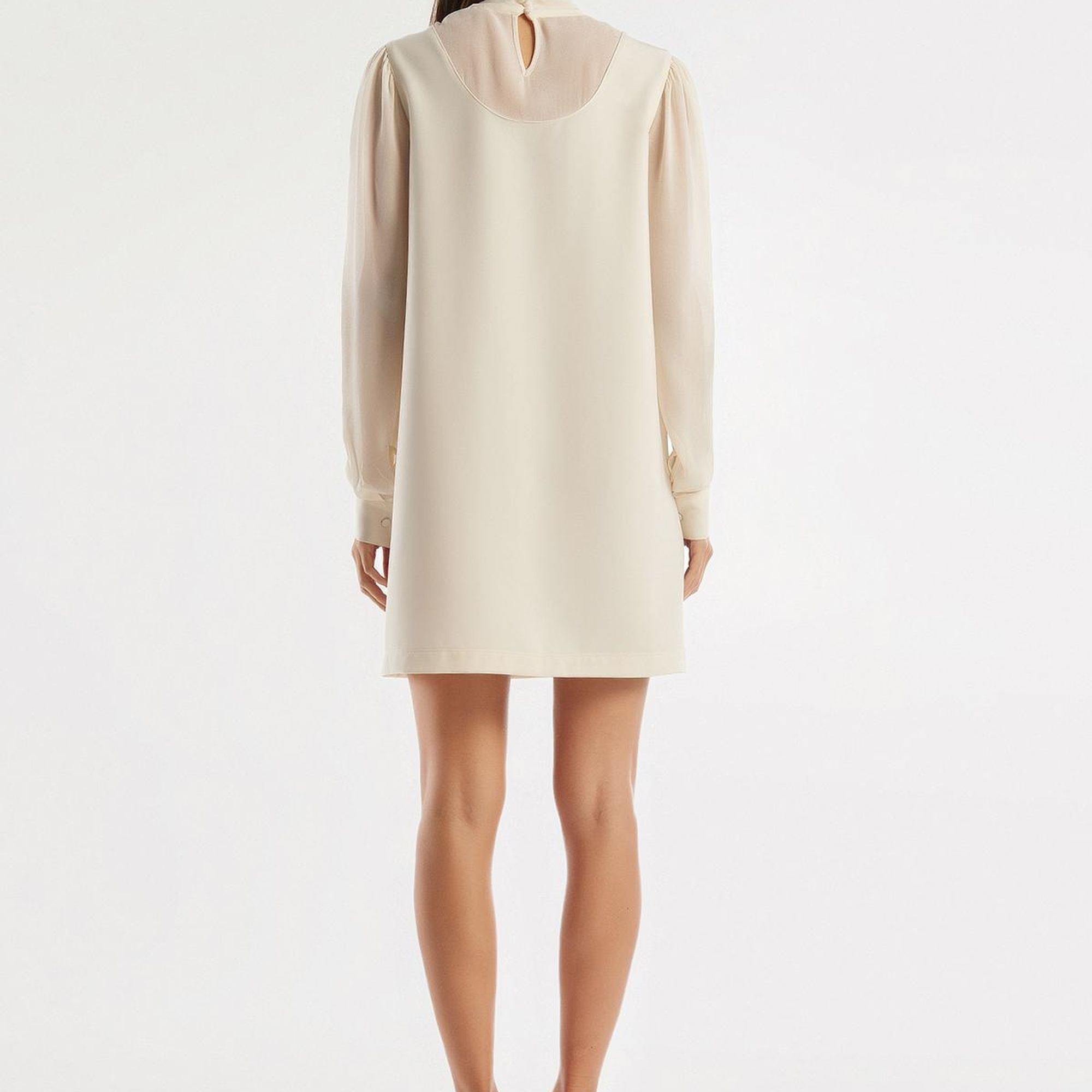 Kadın Krem Kolu Transparan Yakası Kurdaleli Mini Etek