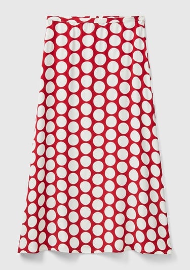  Kadın Kırmızı %100 Viskoz Puantiyeli Yandan Fermuarlı Uzun Etek