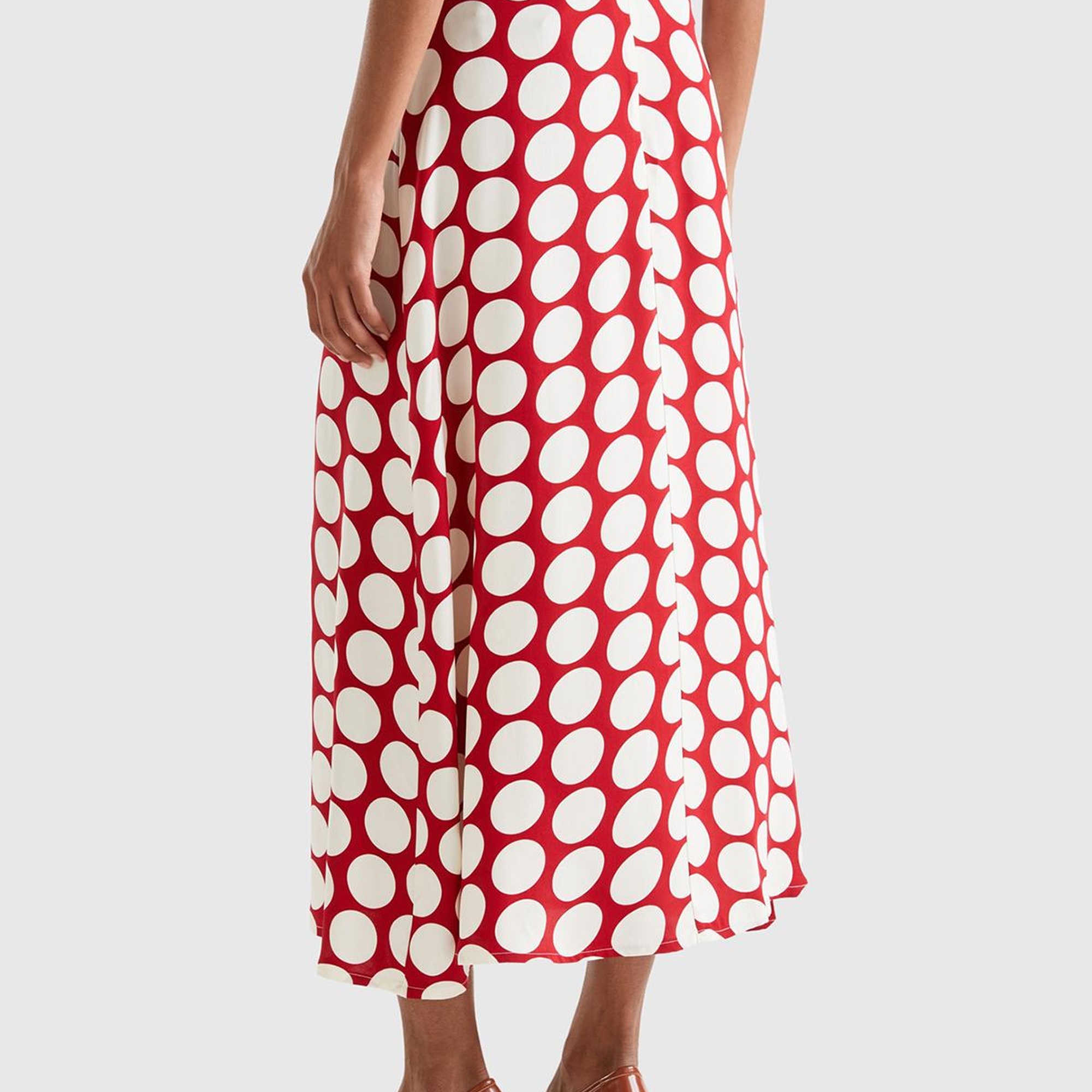 Kadın Kırmızı %100 Viskoz Puantiyeli Yandan Fermuarlı Uzun Etek