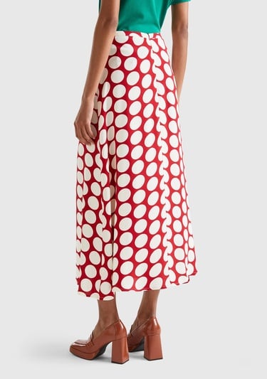  Kadın Kırmızı %100 Viskoz Puantiyeli Yandan Fermuarlı Uzun Etek