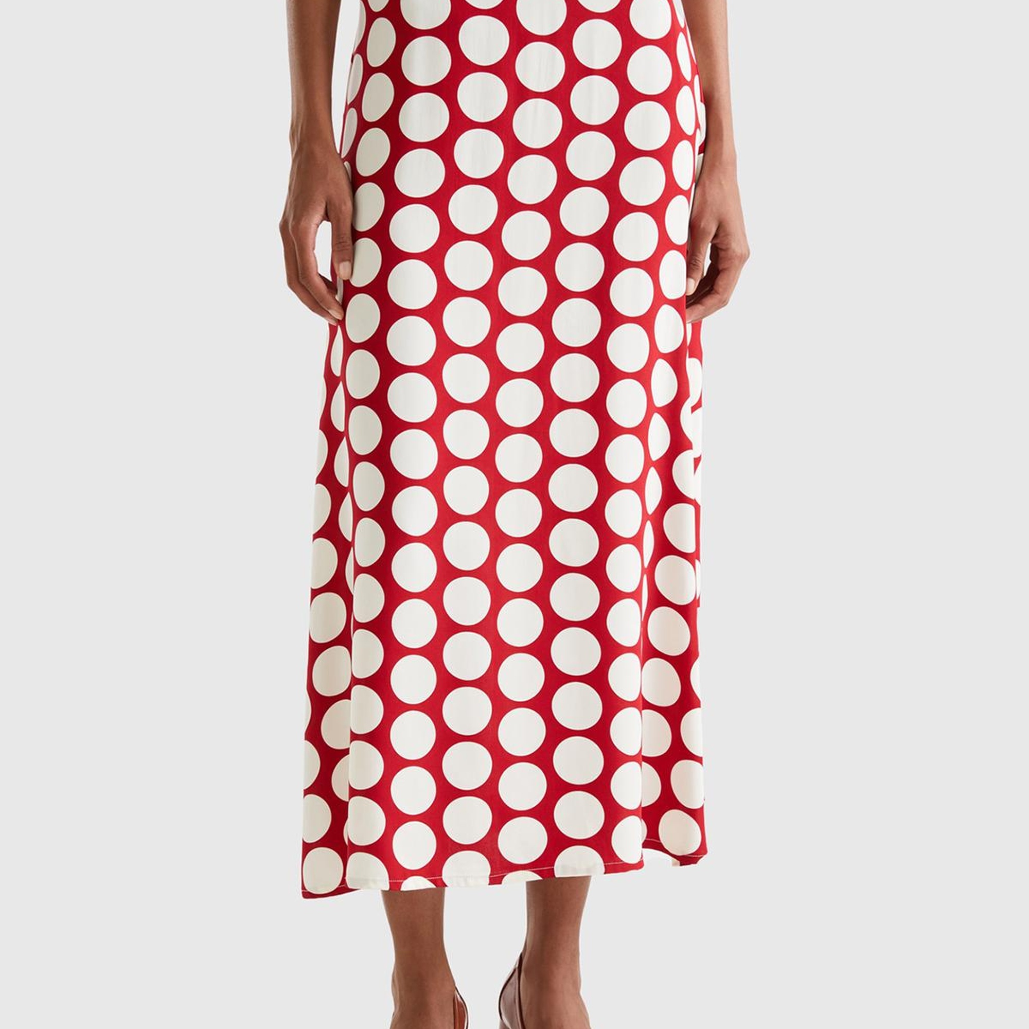 Kadın Kırmızı %100 Viskoz Puantiyeli Yandan Fermuarlı Uzun Etek