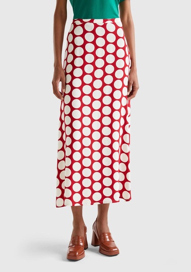  Kadın Kırmızı %100 Viskoz Puantiyeli Yandan Fermuarlı Uzun Etek