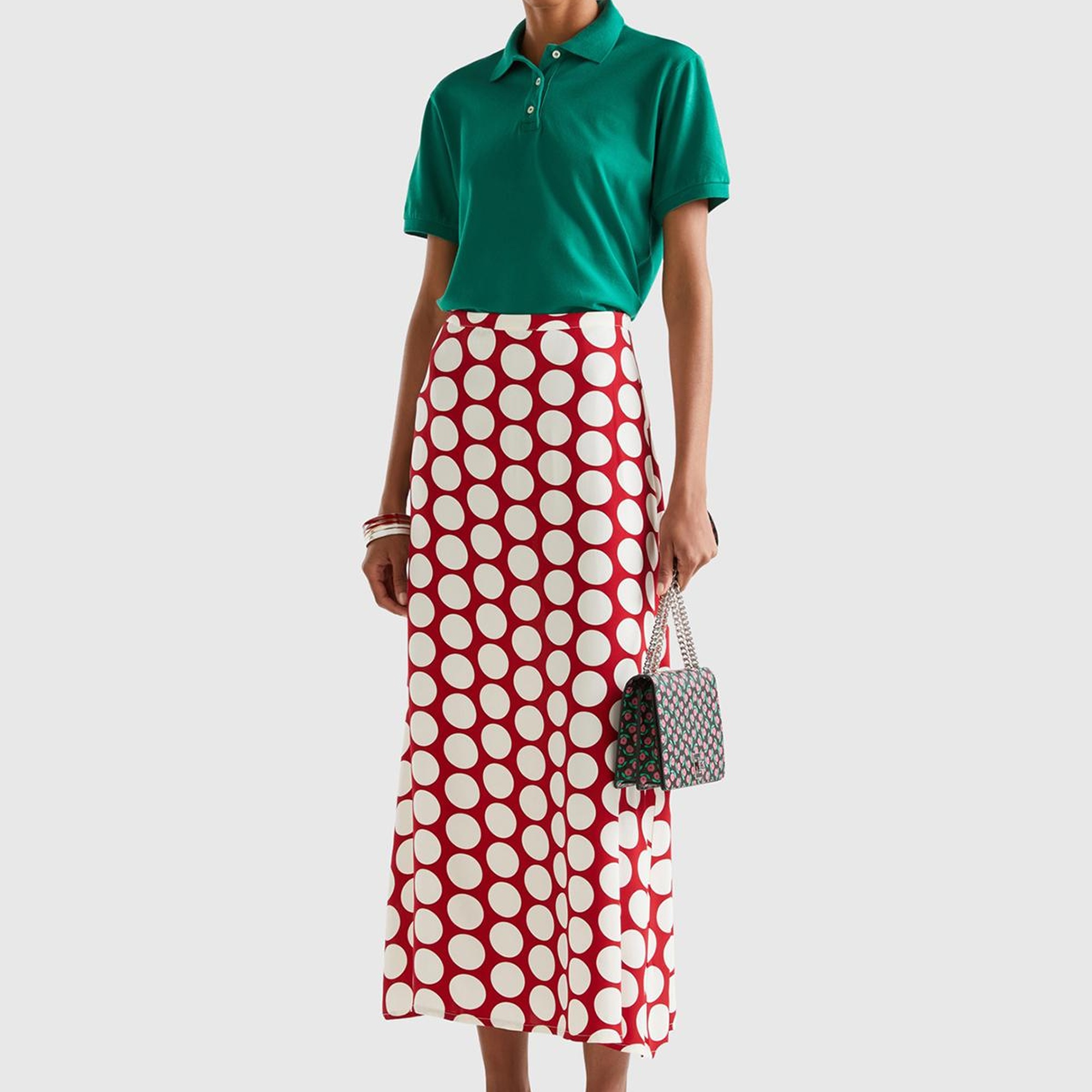 Kadın Kırmızı %100 Viskoz Puantiyeli Yandan Fermuarlı Uzun Etek