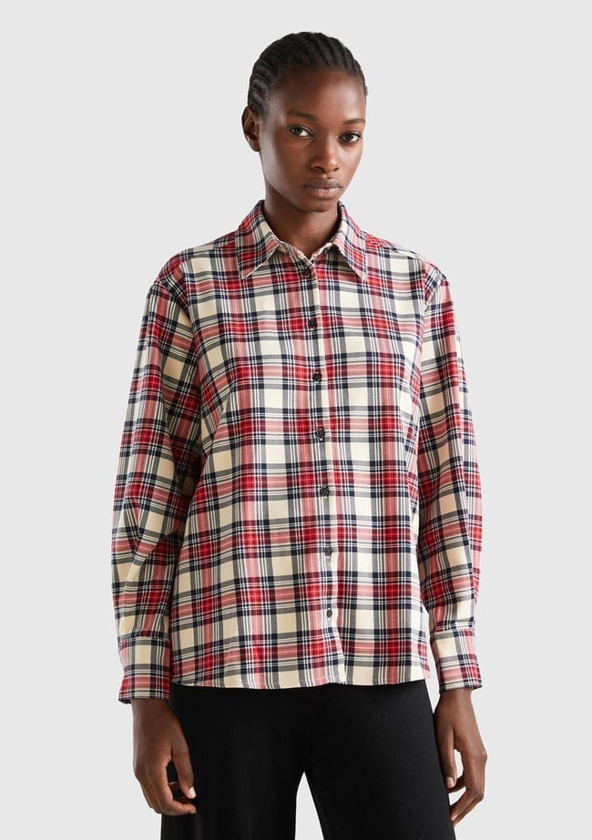  Kadın Taba Mix Viskoz Karışımlı Ekoseli Gömlek