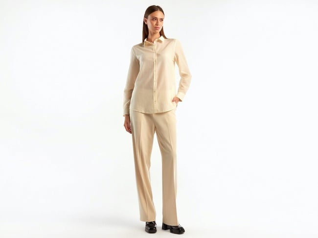  Kadın Bej Desenli Koton Gömlek