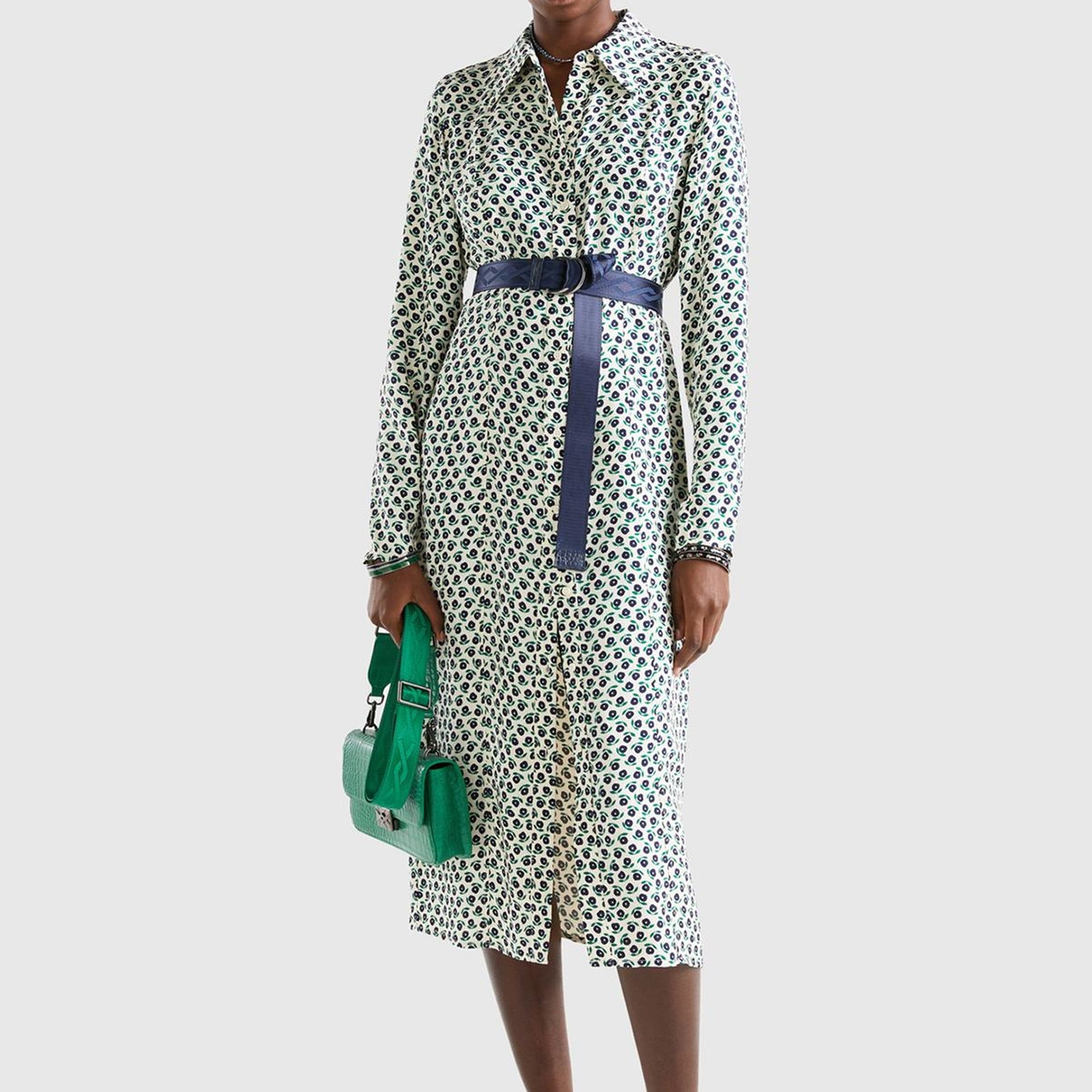 Kadın Yeşil Mix %100 Viskoz Çiçek Desenli Gömlek Yaka Uzun Kollu Elbise