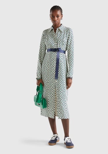  Kadın Yeşil Mix %100 Viskoz Çiçek Desenli Gömlek Yaka Uzun Kollu Elbise