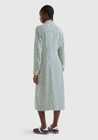  Kadın Yeşil Mix %100 Viskoz Çiçek Desenli Gömlek Yaka Uzun Kollu Elbise