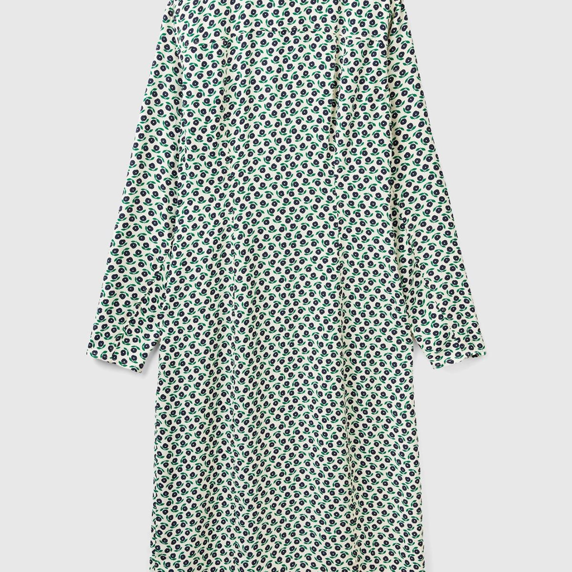 Kadın Yeşil Mix %100 Viskoz Çiçek Desenli Gömlek Yaka Uzun Kollu Elbise