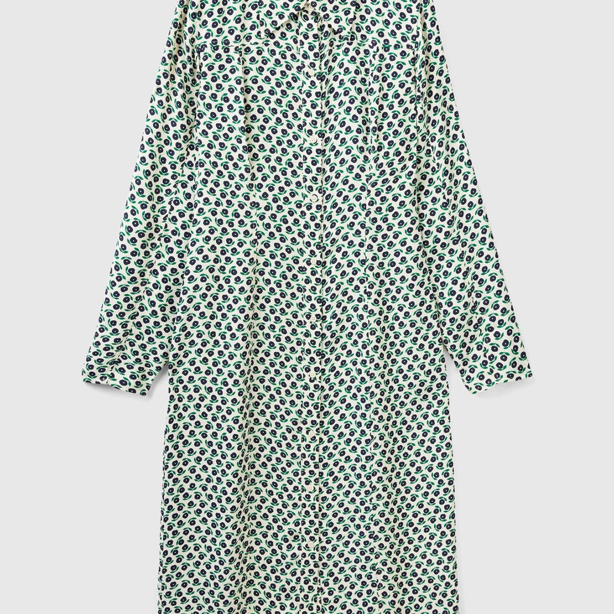 Kadın Yeşil Mix %100 Viskoz Çiçek Desenli Gömlek Yaka Uzun Kollu Elbise