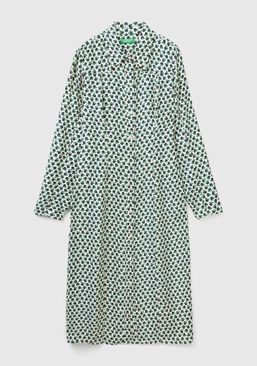  Kadın Yeşil Mix %100 Viskoz Çiçek Desenli Gömlek Yaka Uzun Kollu Elbise