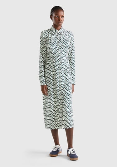  Kadın Yeşil Mix %100 Viskoz Çiçek Desenli Gömlek Yaka Uzun Kollu Elbise