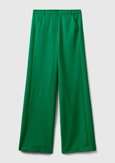  Kadın Yeşil Poliviskoz Regular Fit  Düz Paça Pantolon