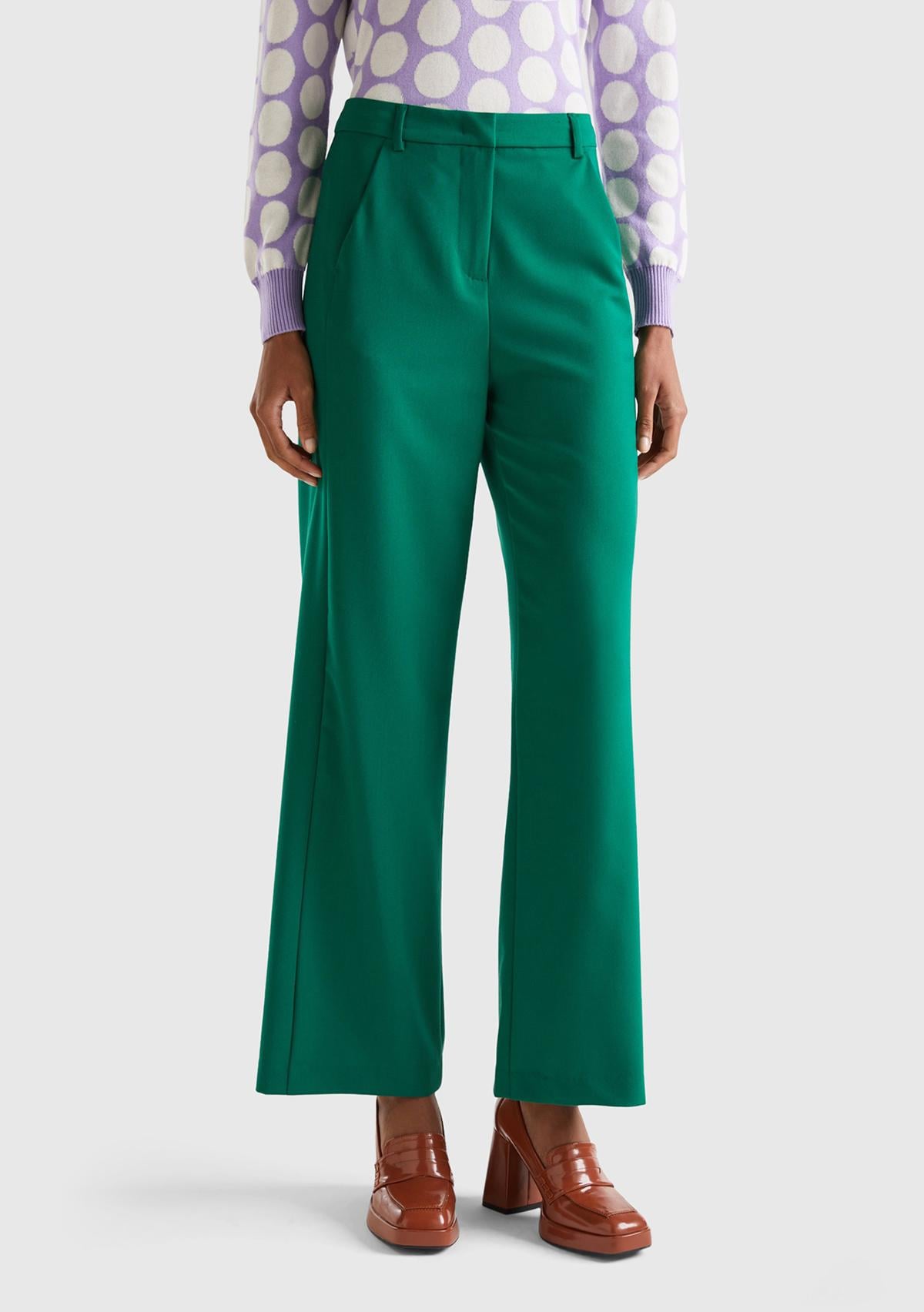  Kadın Yeşil Poliviskoz Regular Fit  Düz Paça Pantolon