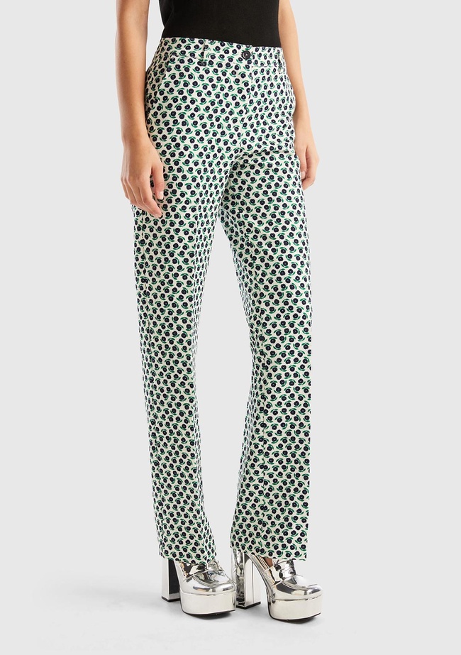  Kadın Yeşil Mix Poliviskoz Çiçek Desenli Regular Fit Pantolon