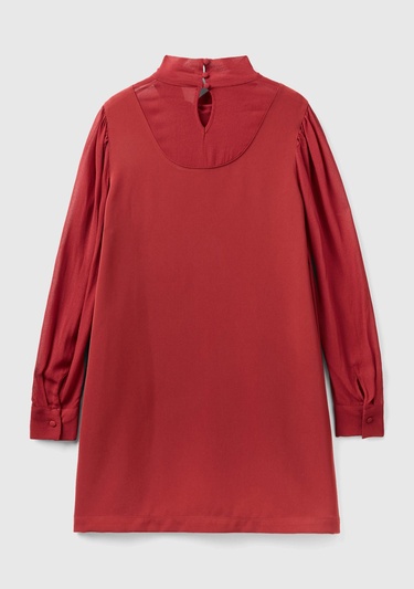  Kadın Bordo Kolu Transparan Yakası Kurdaleli Mini Etek