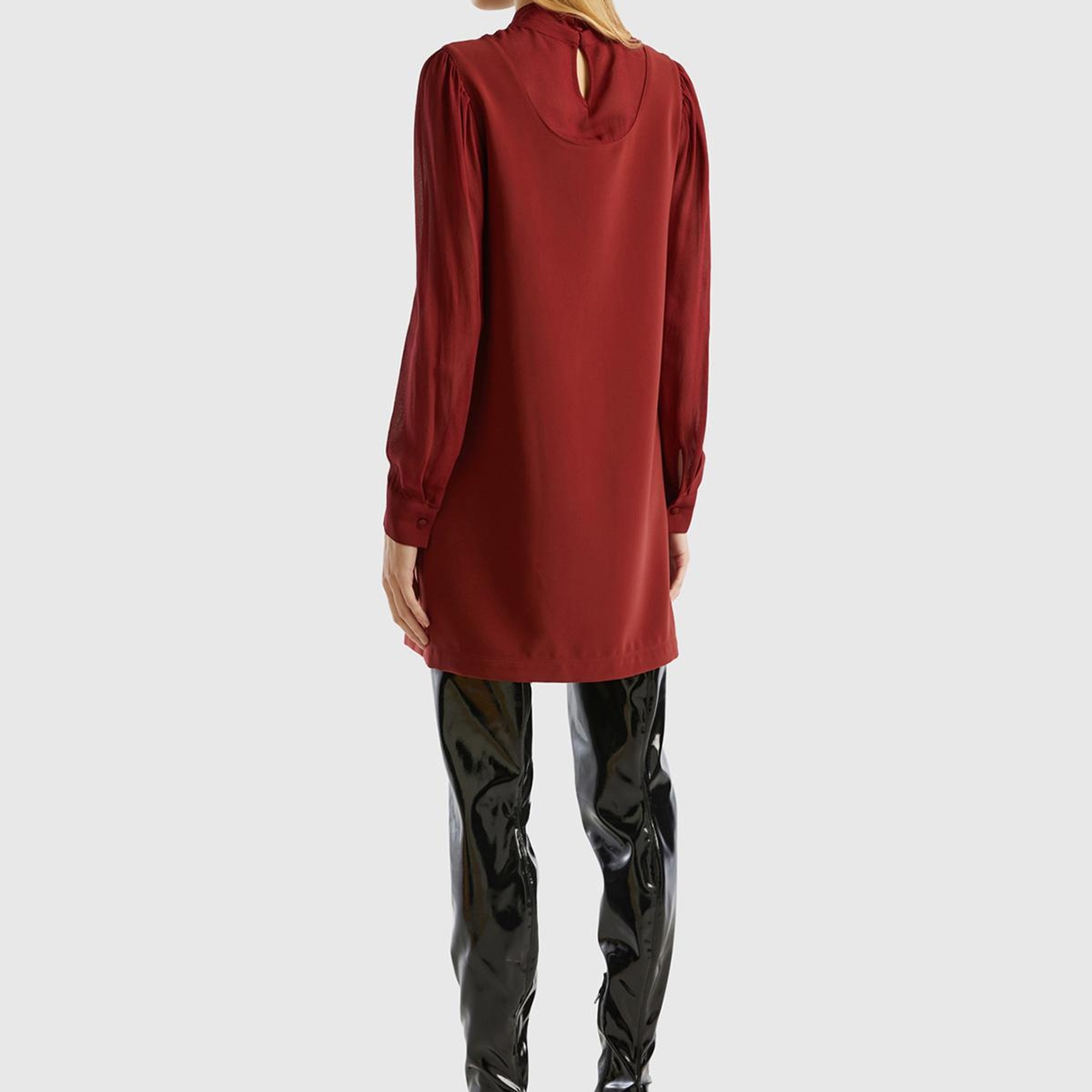 Kadın Bordo Kolu Transparan Yakası Kurdaleli Mini Etek