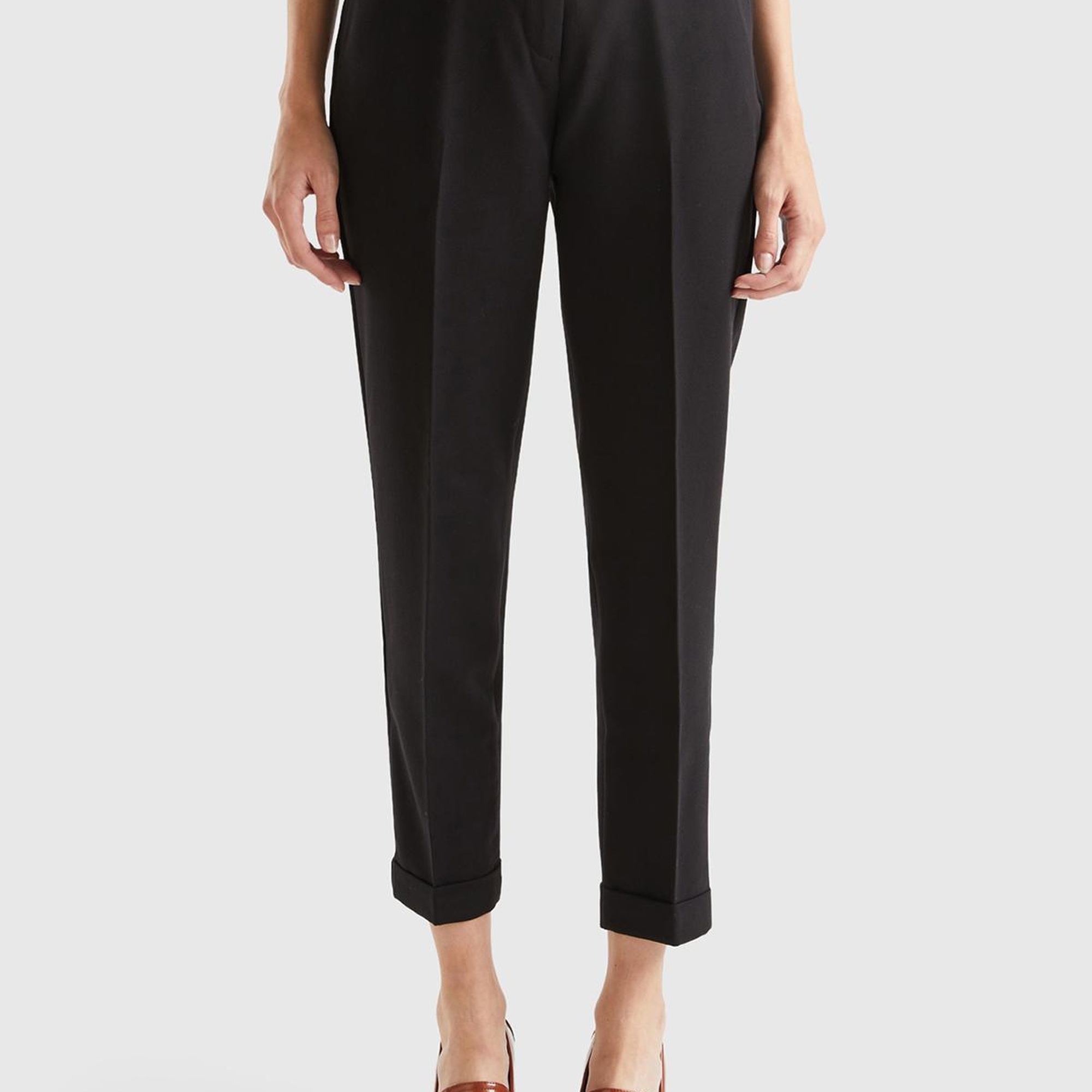 Kadın Siyah Poliviskoz Regular Fit Duble Paça Pantolon