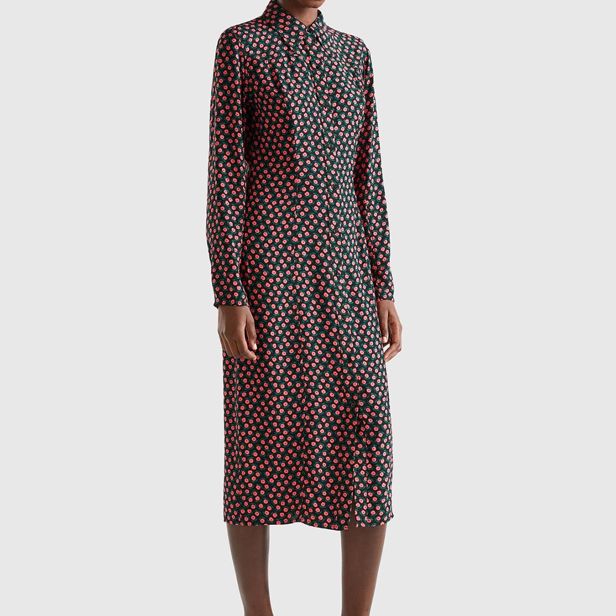 Kadın Pembe Mix %100 Viskoz Çiçek Desenli Gömlek Yaka Uzun Kollu Elbise