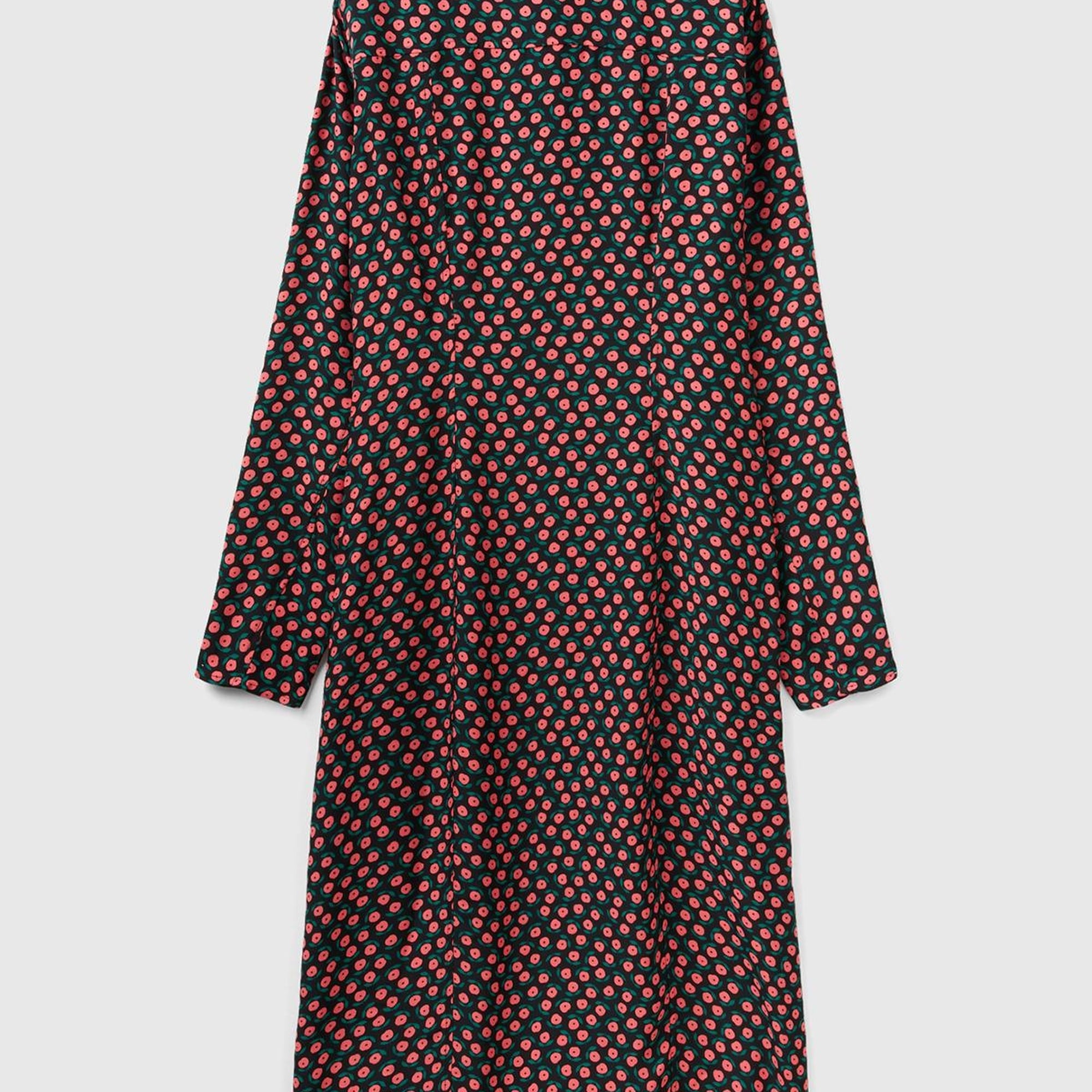 Kadın Pembe Mix %100 Viskoz Çiçek Desenli Gömlek Yaka Uzun Kollu Elbise