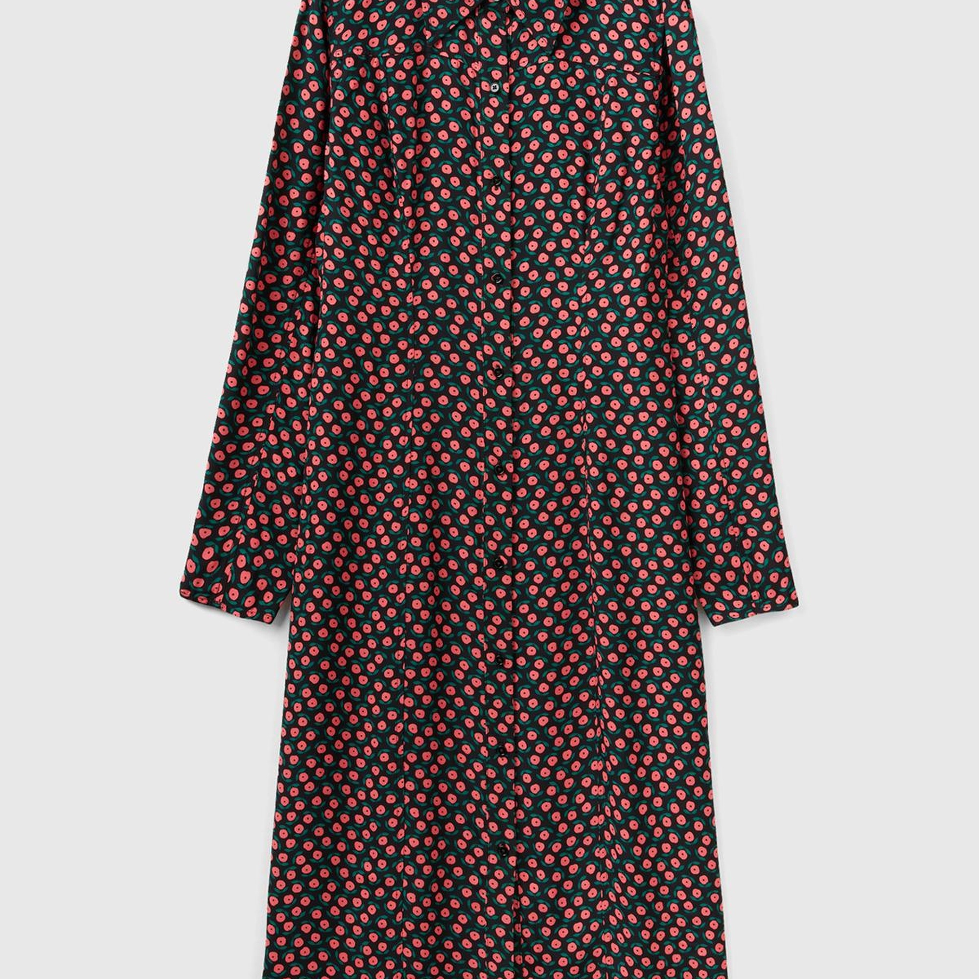 Kadın Pembe Mix %100 Viskoz Çiçek Desenli Gömlek Yaka Uzun Kollu Elbise