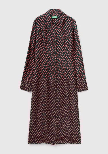  Kadın Pembe Mix %100 Viskoz Çiçek Desenli Gömlek Yaka Uzun Kollu Elbise