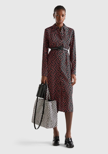  Kadın Pembe Mix %100 Viskoz Çiçek Desenli Gömlek Yaka Uzun Kollu Elbise