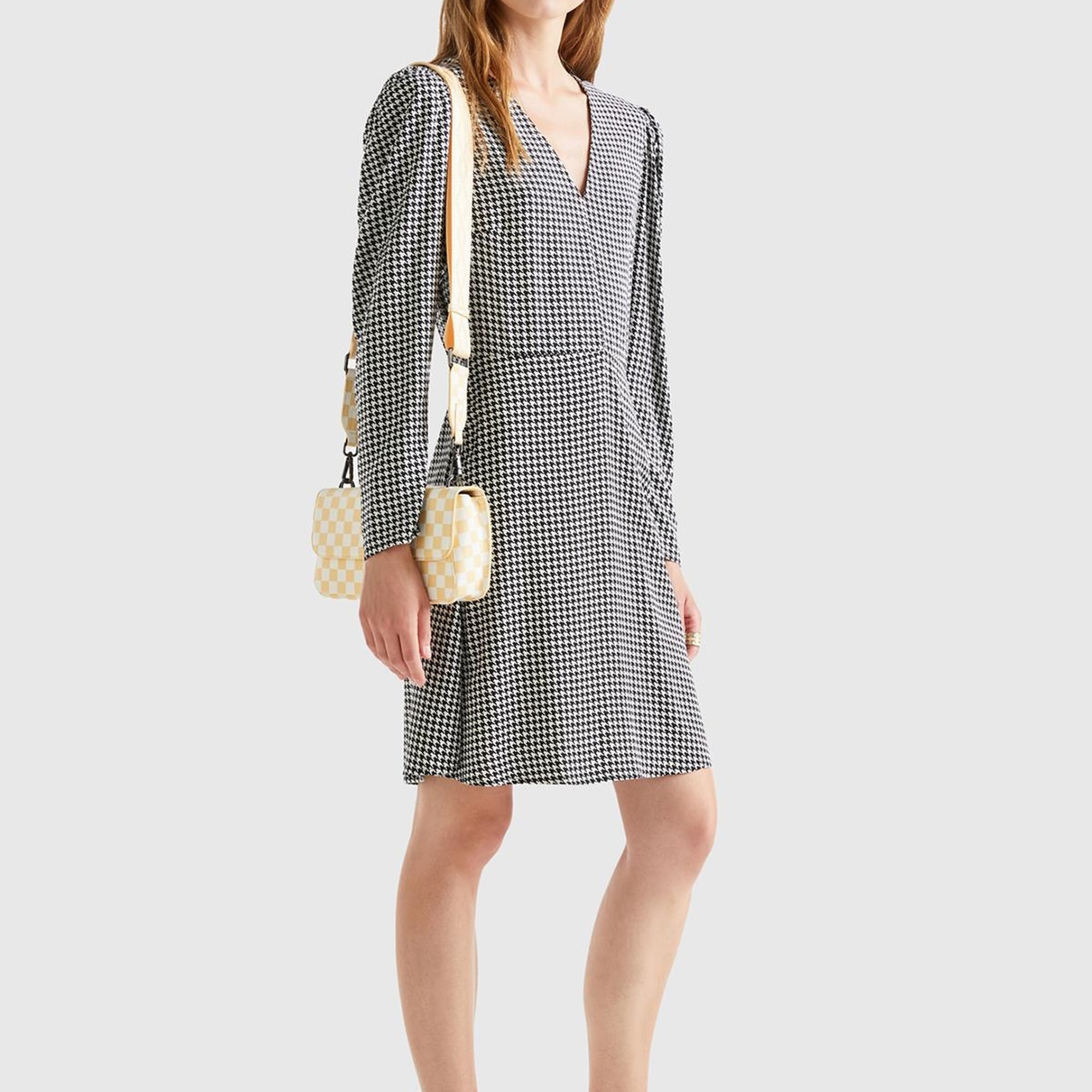 Kadın Siyah-Beyaz %100 Viskoz Uzun Kollu V Yaka Elbise