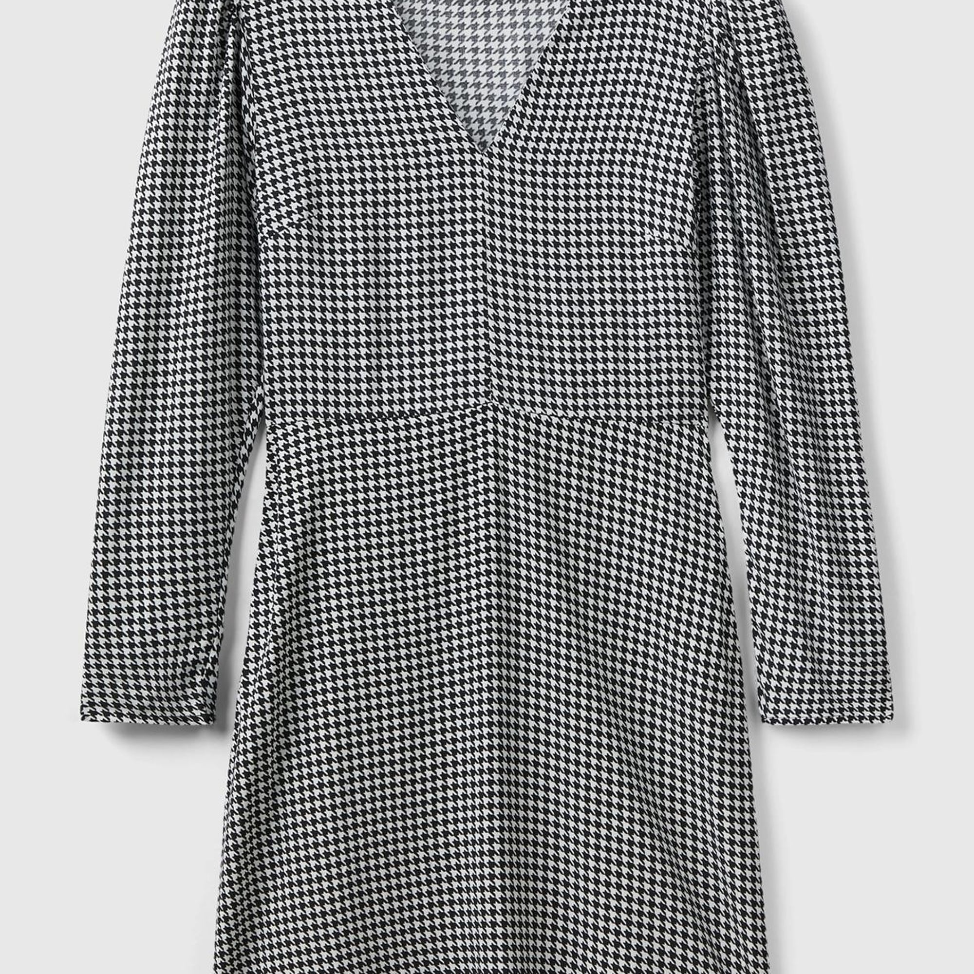 Kadın Siyah-Beyaz %100 Viskoz Uzun Kollu V Yaka Elbise