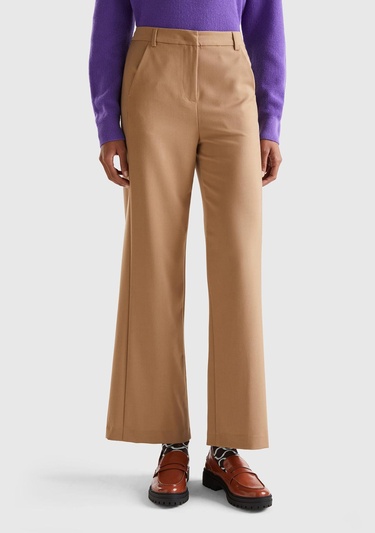  Kadın Taba Poliviskoz Regular Fit  Düz Paça Pantolon