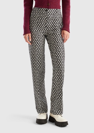  Kadın Lacivert Poliviskoz Çiçek Desenli Regular Fit Pantolon