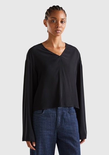  Kadın Siyah V Yaka Viskoz Bluz