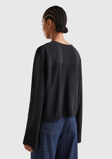  Kadın Siyah V Yaka Viskoz Bluz