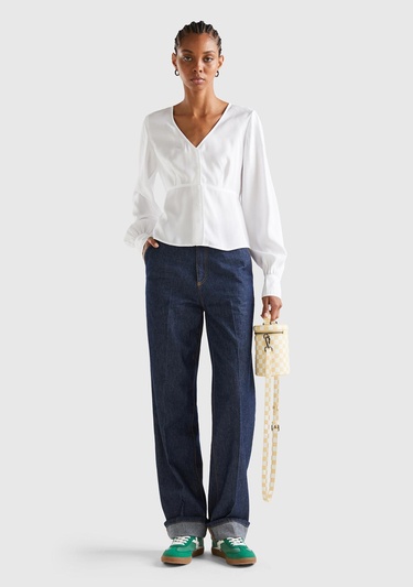  Kadın Beyaz Viskoz Karışımlı Gömlek