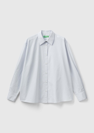  Kadın Soluk Mavi %100 Koton Çizgili Gömlek