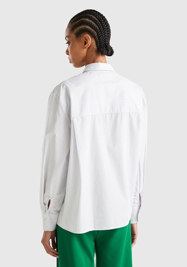  Kadın Soluk Mavi %100 Koton Çizgili Gömlek