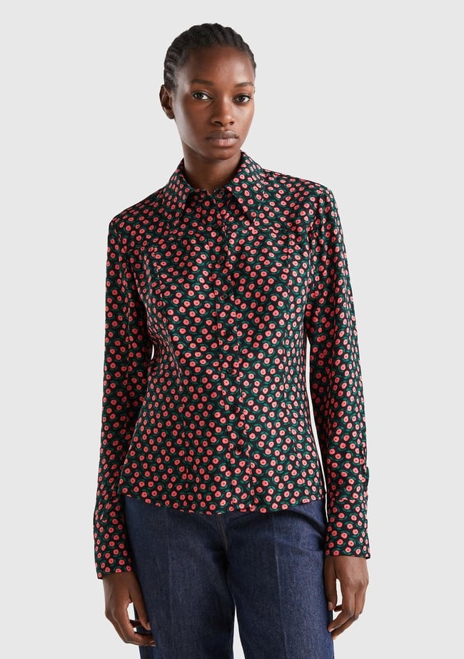  Kadın Pembe Mix Çiçek Desenli Viskoz Gömlek