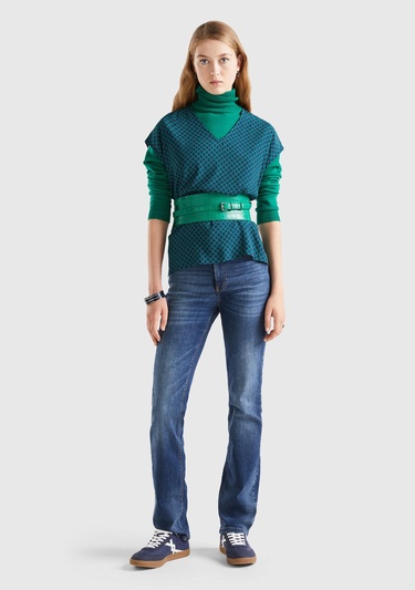  Kadın Lacivert V Yaka Baklava Desenli Kolsuz Viskoz Bluz