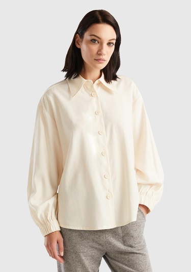  Kadın Krem Kol Ucu Lastikli Gömlek