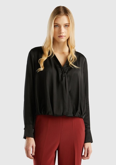  Kadın Siyah Modal Karışımlı Önü Çapraz Bluz