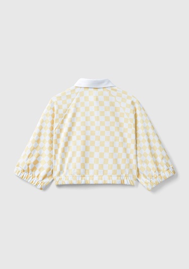  Kadın Sarı Dama Desenli Kısa Kollu Crop Koton Gömlek