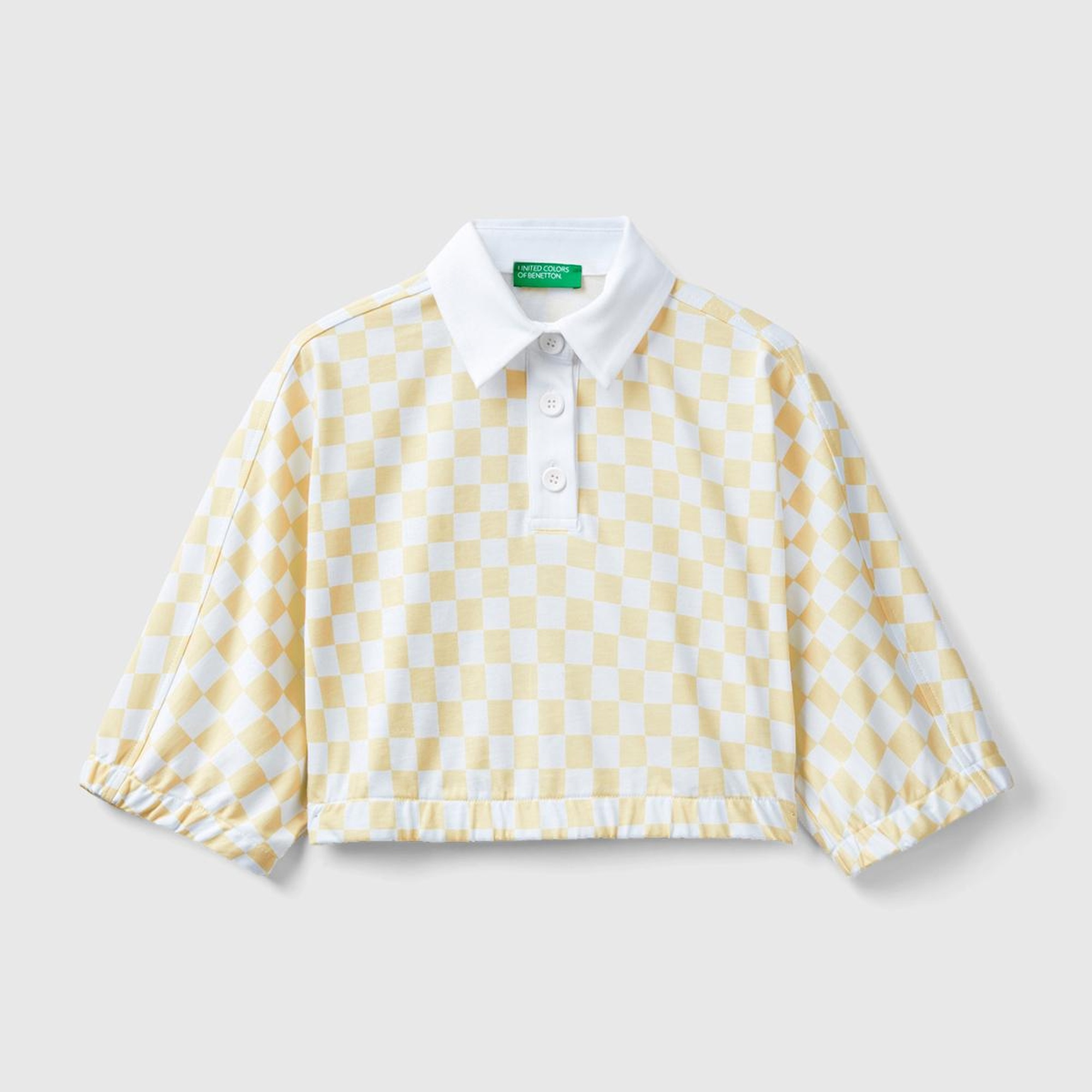 Kadın Sarı Dama Desenli Kısa Kollu Crop Koton Gömlek